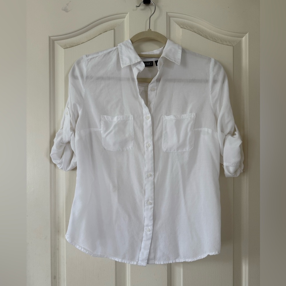 White Button-Up Blouse with Roll Up Tab Sleeves